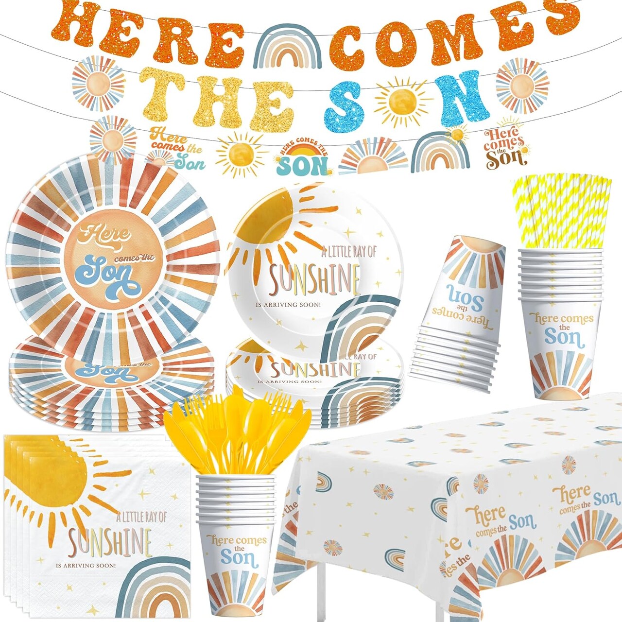 24 Guests-Here Comes The Son Baby Shower Decorations, Sun Party Supplies (Yellow, Orange)